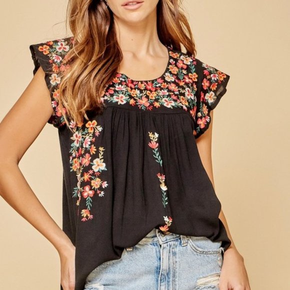 Jaxie’s Unique Tops - Black Flutter Sleeve Woven Top